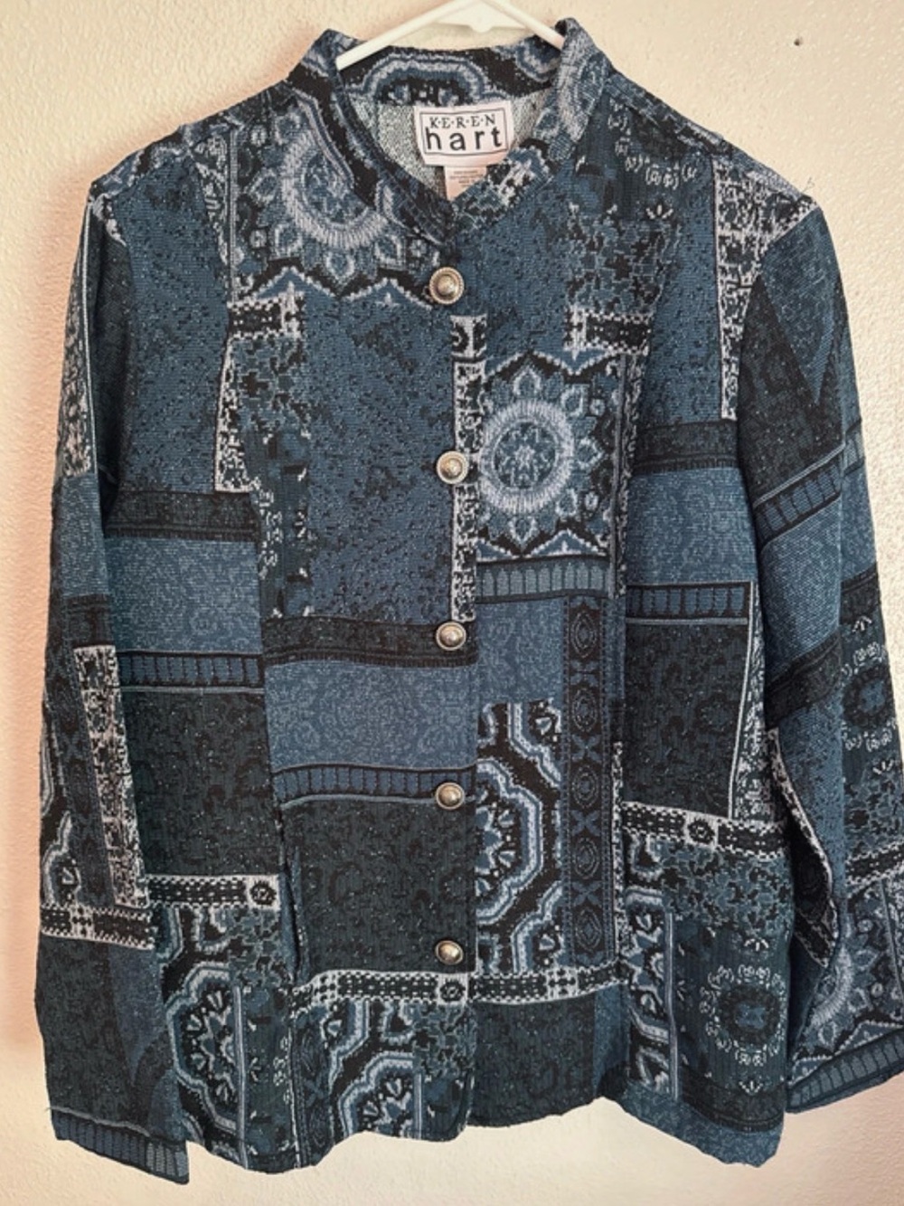 KEREN hart Teal Patchwork-Print Button Jacket
